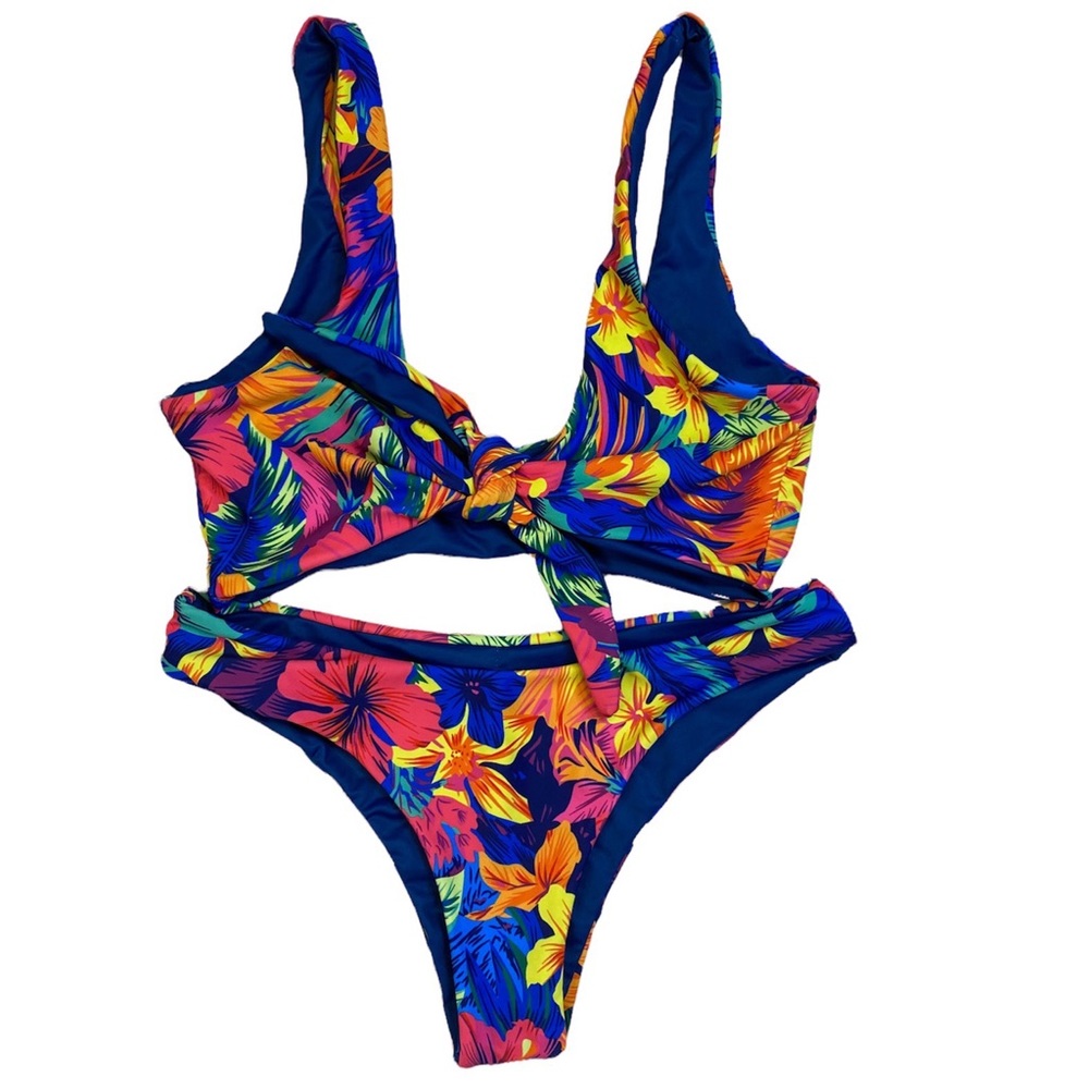 Bright Hawaiian tropical floral tie front bikini. Navy, non padded, cheeky